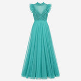 Maxi Dress Green Embellished Beaded Tiered Mesh Fr