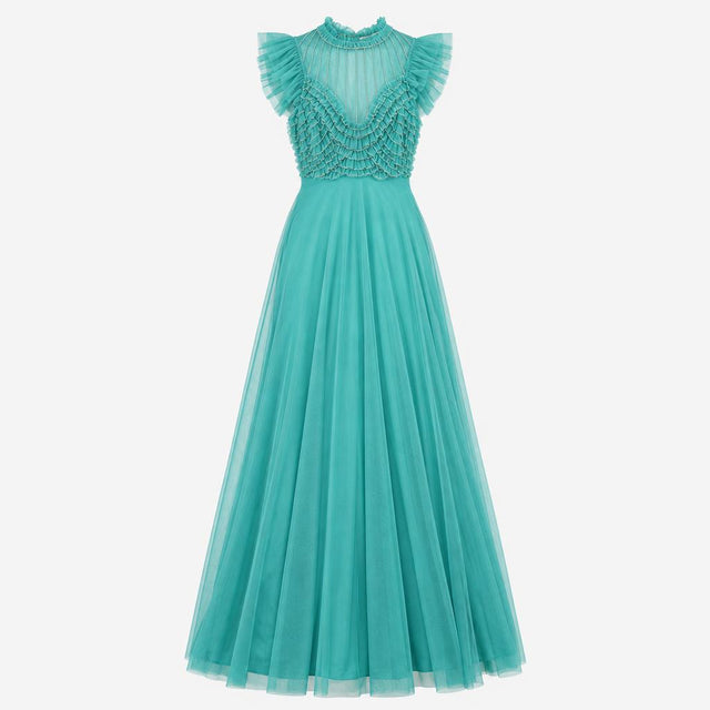 Maxi Dress Green Embellished Beaded Tiered Mesh Fr