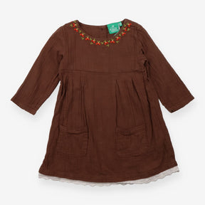 Linen Mix Dress Brown with Berry Detail