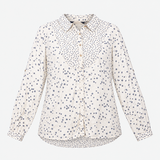 Cotton Blouse Ecru Navy Spot Print Long Sleeve