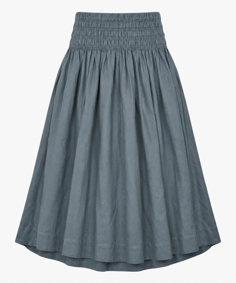 Slate Grey 100% Linen Smocked Waist Midi Skirt