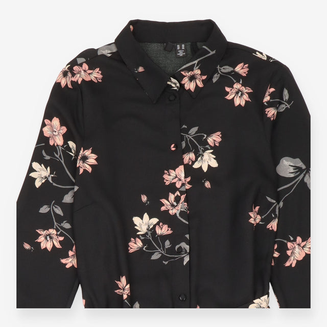Vero Moda Black Pink Floral Long Sleeve Belted Shi