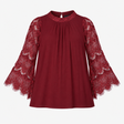Top High Neck Sheer Lace Sleeve Pleated Blouse