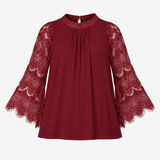 Top High Neck Sheer Lace Sleeve Pleated Blouse