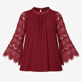 Top High Neck Sheer Lace Sleeve Pleated Blouse