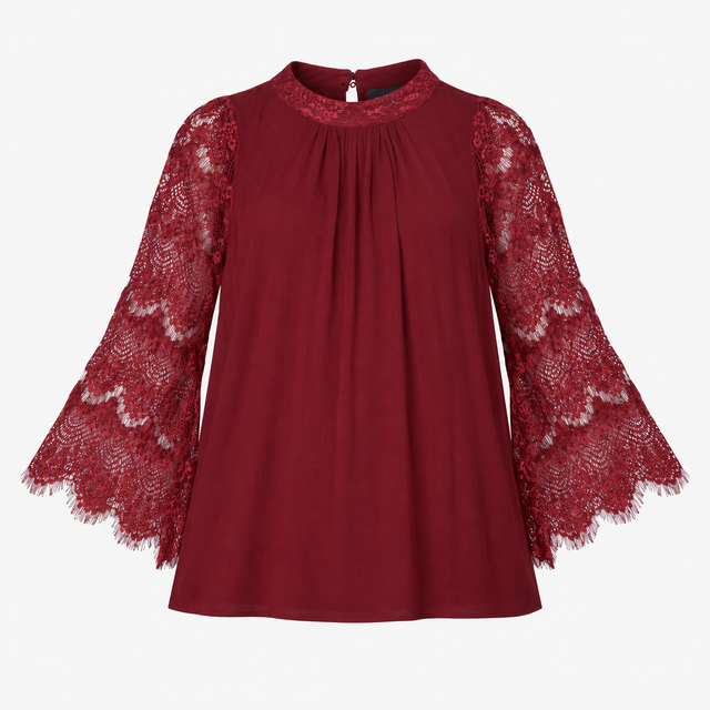 Top High Neck Sheer Lace Sleeve Pleated Blouse