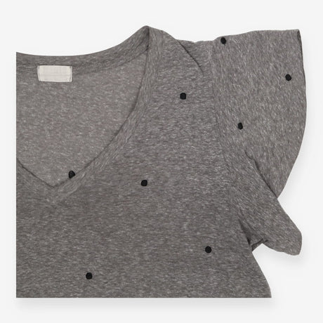 Grey Embroidered Polka Dot Flutter Sleeve Top
