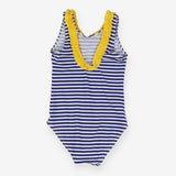 Blue and white stripe swimming costume with yellow