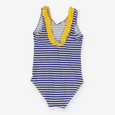 Blue and white stripe swimming costume with yellow