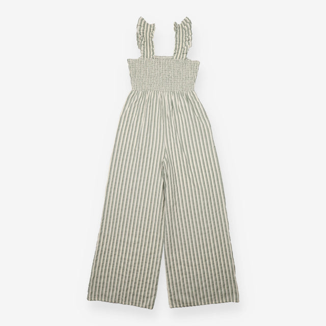 Jumpsuit Green Stripe Shirred Cotton