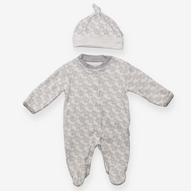 Popper Sleepsuit and Hat White with Elephants