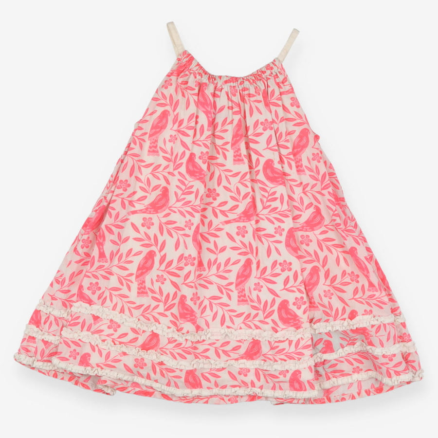 Sundress white bright pink leaves birds