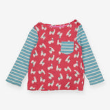 Tee LS pink Llama blue stripe sleeves