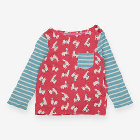 Tee LS pink Llama blue stripe sleeves