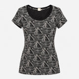 Top Black Cream Sailboat Print Cotton Scoop Neck S