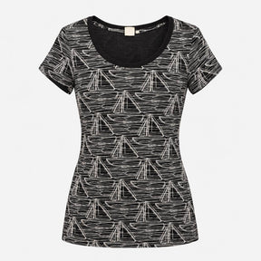 Top Black Cream Sailboat Print Cotton Scoop Neck S