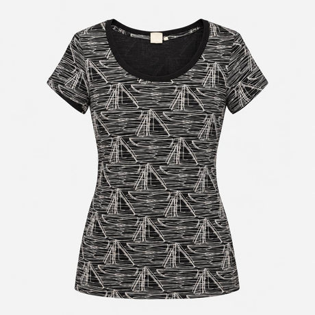 Top Black Cream Sailboat Print Cotton Scoop Neck S