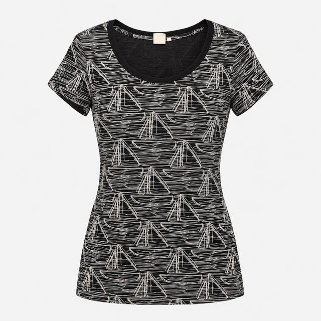 Top Black Cream Sailboat Print Cotton Scoop Neck S