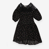 Black floral slip dress, puff sleeves