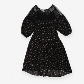 Black floral slip dress, puff sleeves