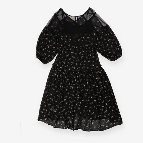 Black floral slip dress, puff sleeves