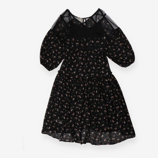 Black floral slip dress, puff sleeves