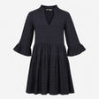 Navy Blue Shadow Check High Neck Frill V Split Tie