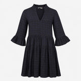 Navy Blue Shadow Check High Neck Frill V Split Tie