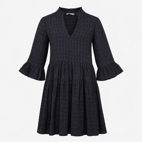 Navy Blue Shadow Check High Neck Frill V Split Tie