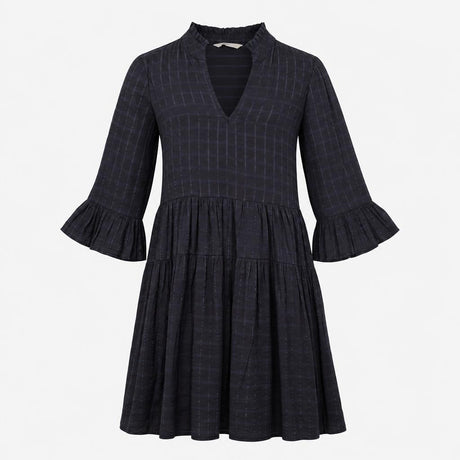 Navy Blue Shadow Check High Neck Frill V Split Tie