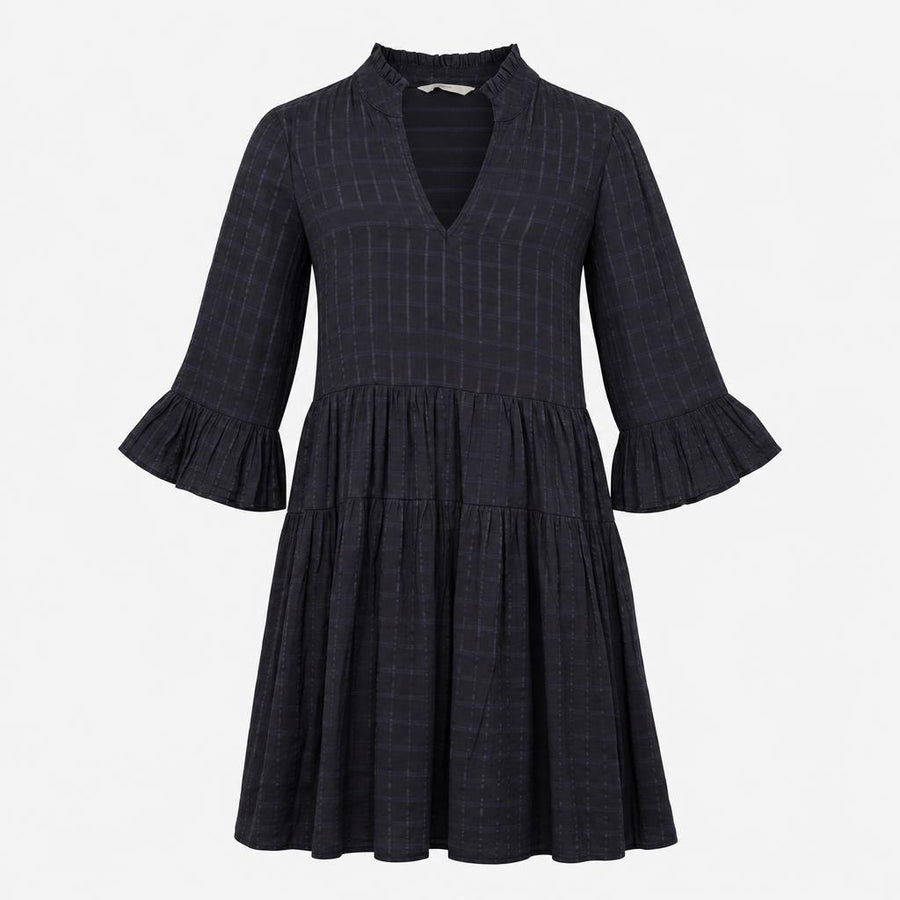Navy Blue Shadow Check High Neck Frill V Split Tie