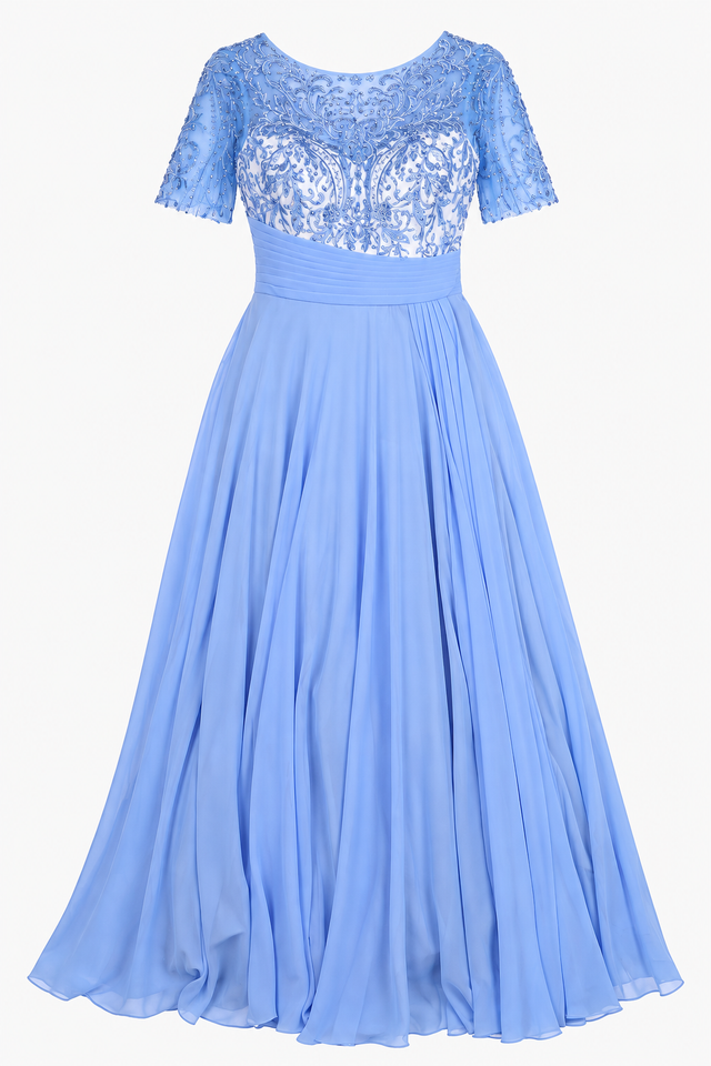 Pale Blue Embroidered Beaded Chiffon Maxi Occasion