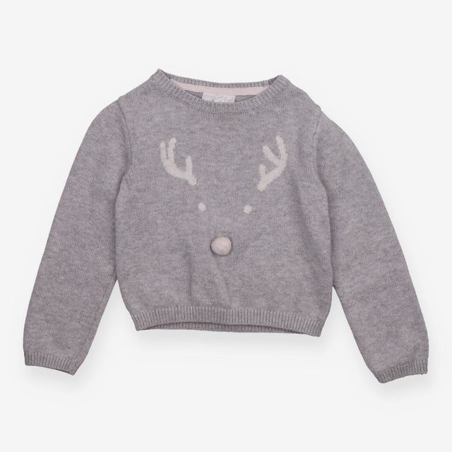 Sweater grey reindeer face pom pom nose