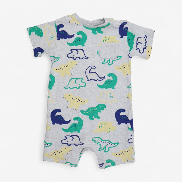 Romper Jersey Grey with Green and Yellow Dinosaurs
