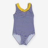 Blue and white stripe swimming costume with yellow