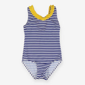 Blue and white stripe swimming costume with yellow