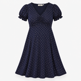 Dress Navy Pink Polka Dot V Neck Midi Fit Flare