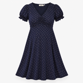 Dress Navy Pink Polka Dot V Neck Midi Fit Flare