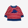 Red stripe sweatshirt with blue dino