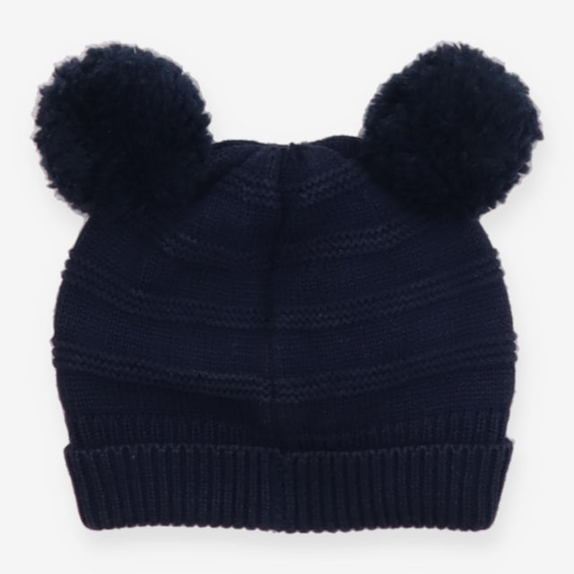 Hat knitted ribbed blue with pom poms