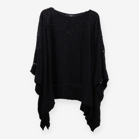 Theory Black Broderie Poncho Top Boho Chic Size 10