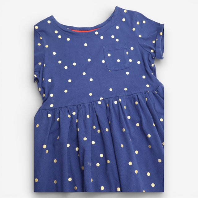 Navy jersey dress with gold polka dots
