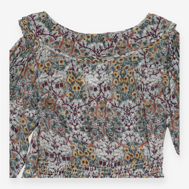 Midi Dress Blue Botanical Print Ruffle Long Sleeve