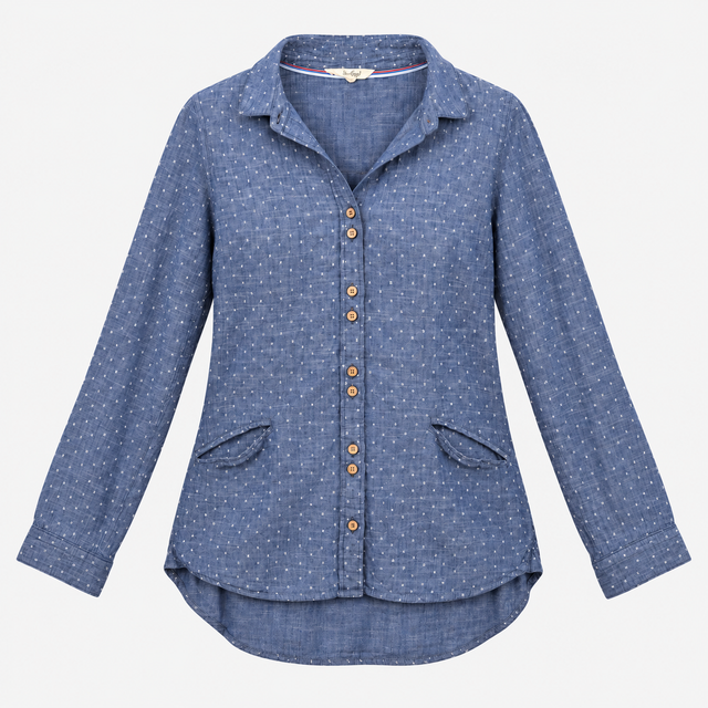 Printed Cotton Long Sleeve Button Down Shirt Blue