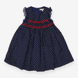 Pinafore dress navy cord with white dots