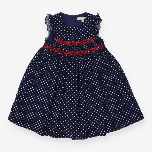 Pinafore dress navy cord with white dots