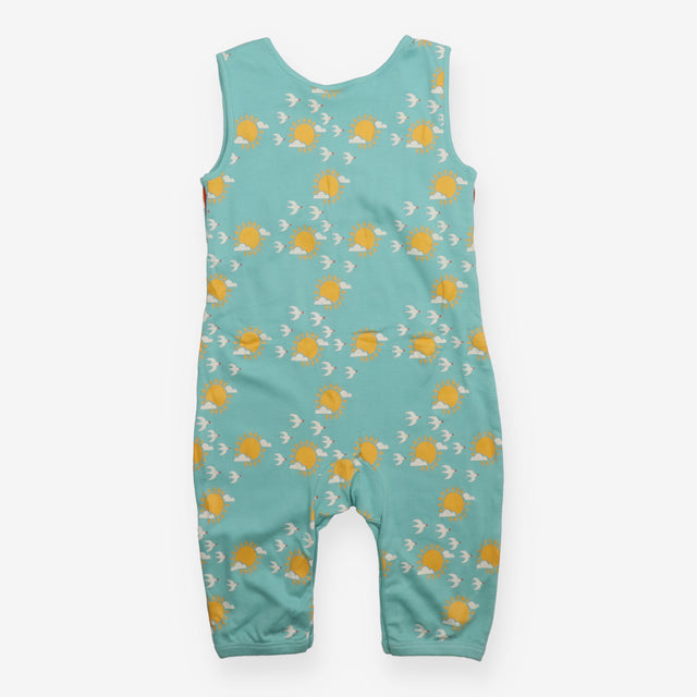 Dungarees green sun birds red lining