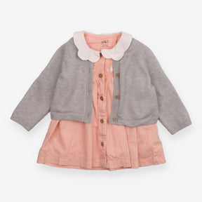 Pink Duck Dress with Grey Cardigan