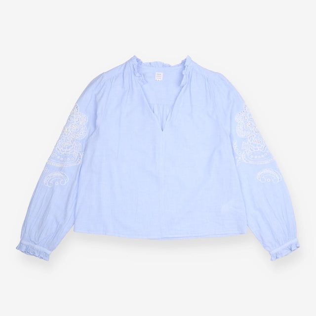 Cotton Blouse Blue Embroidered Long Sleeve