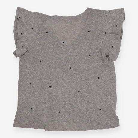 Grey Embroidered Polka Dot Flutter Sleeve Top